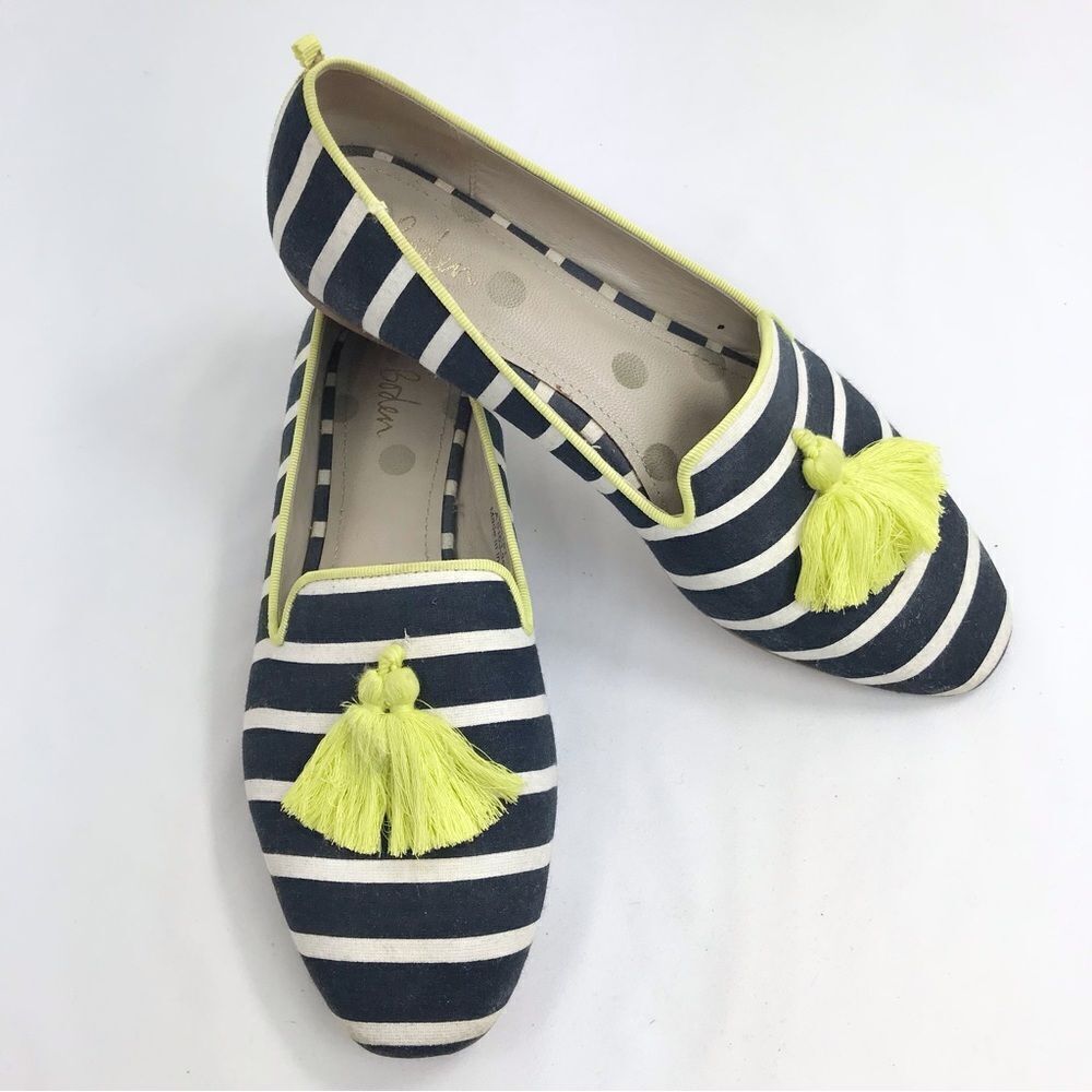 Boden Evelina Navy Blue White Stripe Neon Tassel Slip on Nautical Ballet Flats - Picture 6 of 16